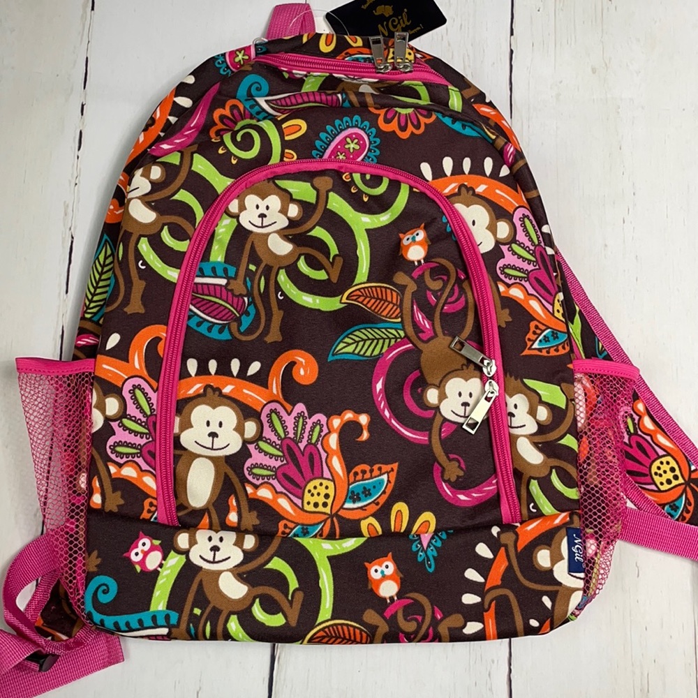 N.Gil Pink and Brown Monkey Backpack